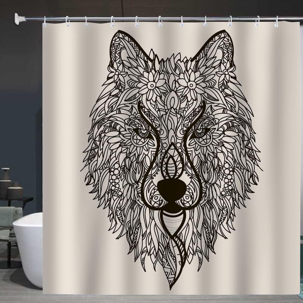 Unique Zentangle Wolf Flower Fabric Shower Curtain for Bathroom Decor
