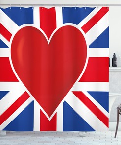 United Kingdom Flag Shower Curtain with a Big Red Heart Print for a patriotic bathroom