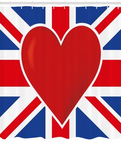 United Kingdom Flag Shower Curtain with a Big Red Heart Print for a patriotic bathroom