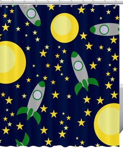 Universe Space Planet Spaceship Star Pattern Shower Curtain for a cosmic and waterproof bathroom experience