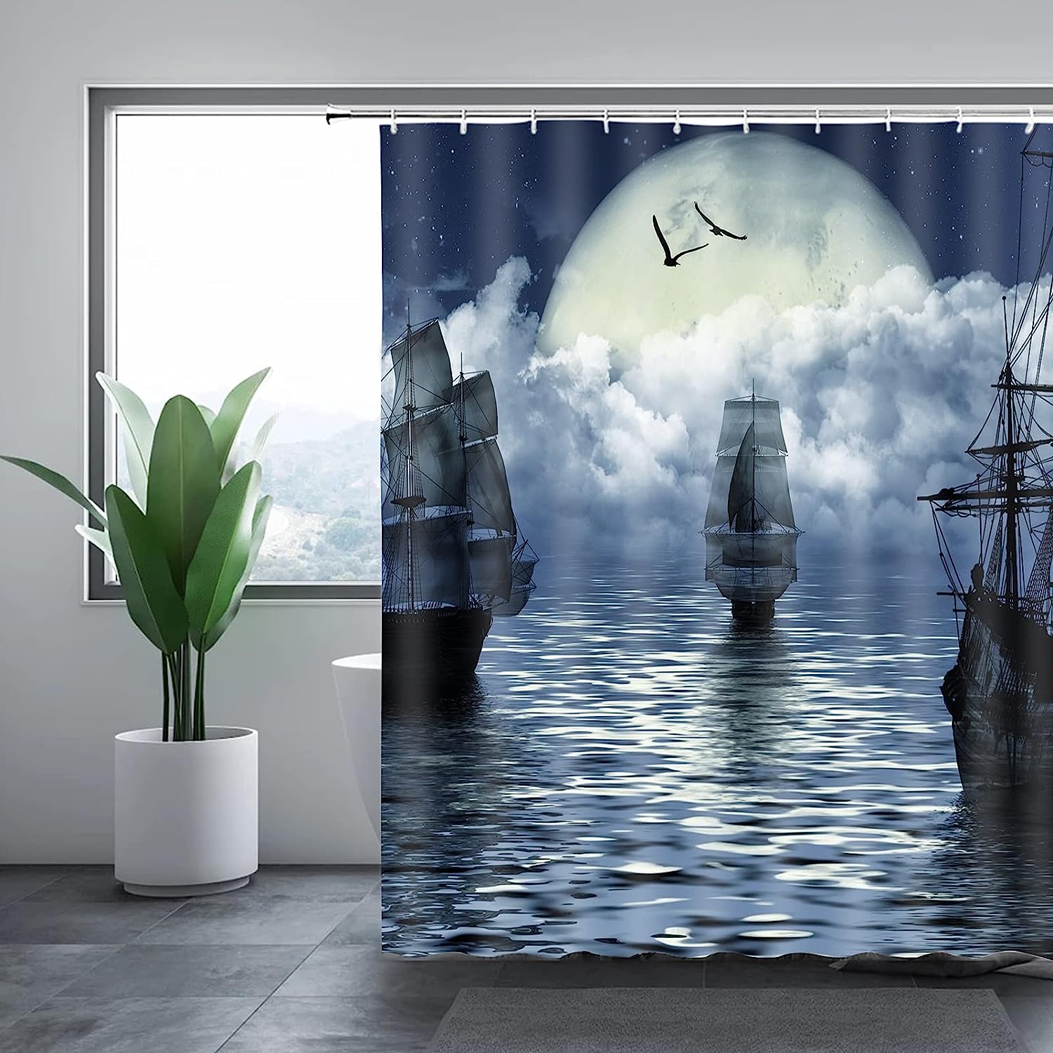 Unleash Your Imagination With This Ancient Pirate Ship Shower Curtain Liner, Moon Paintings Vikings