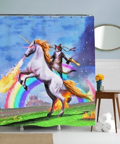 Unusual Art Funny Shower Curtain With Cat Riding Unicorn, Geek Chic And Quirky Gift Idea For Cat Art And Minecraft Fans 