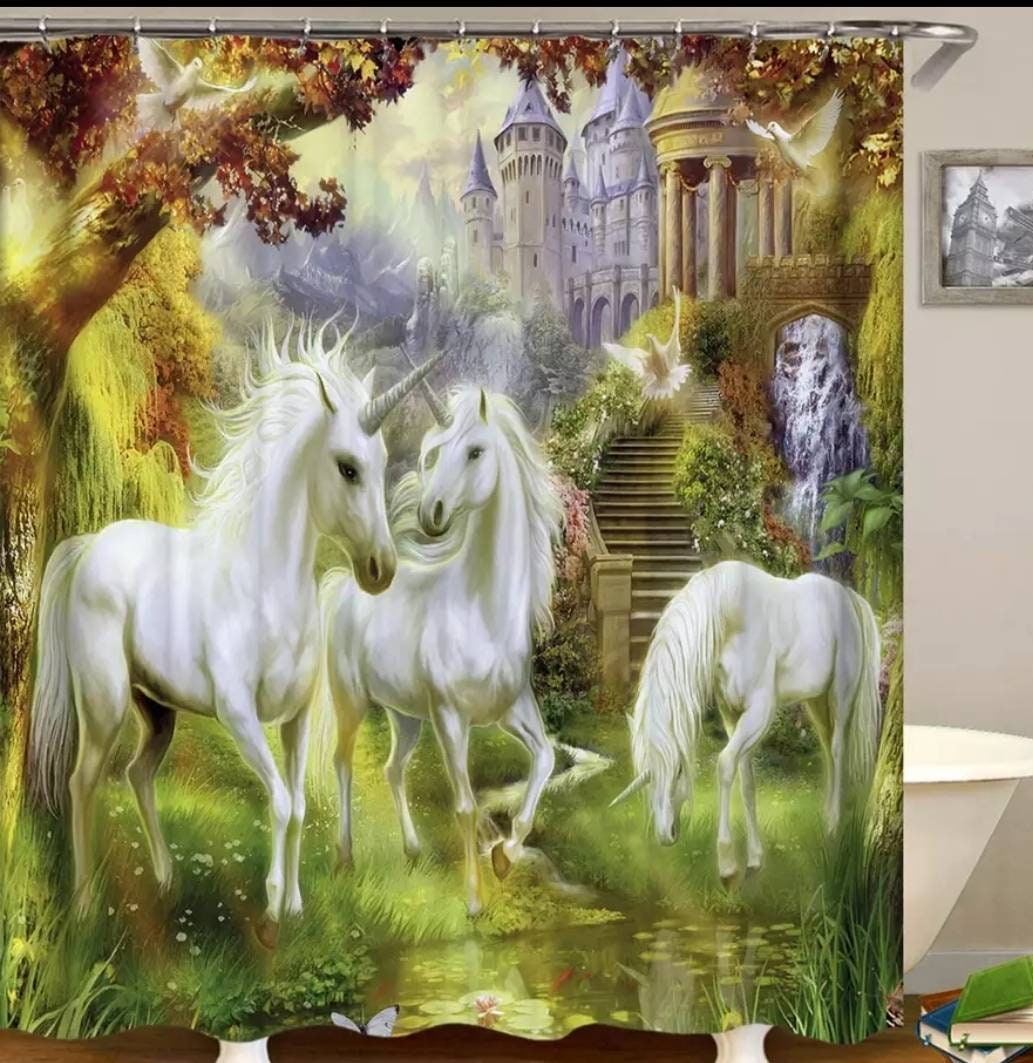 Uplifting Feel Good Fantasy Garden Unicorn Shower Curtain And Bath Set