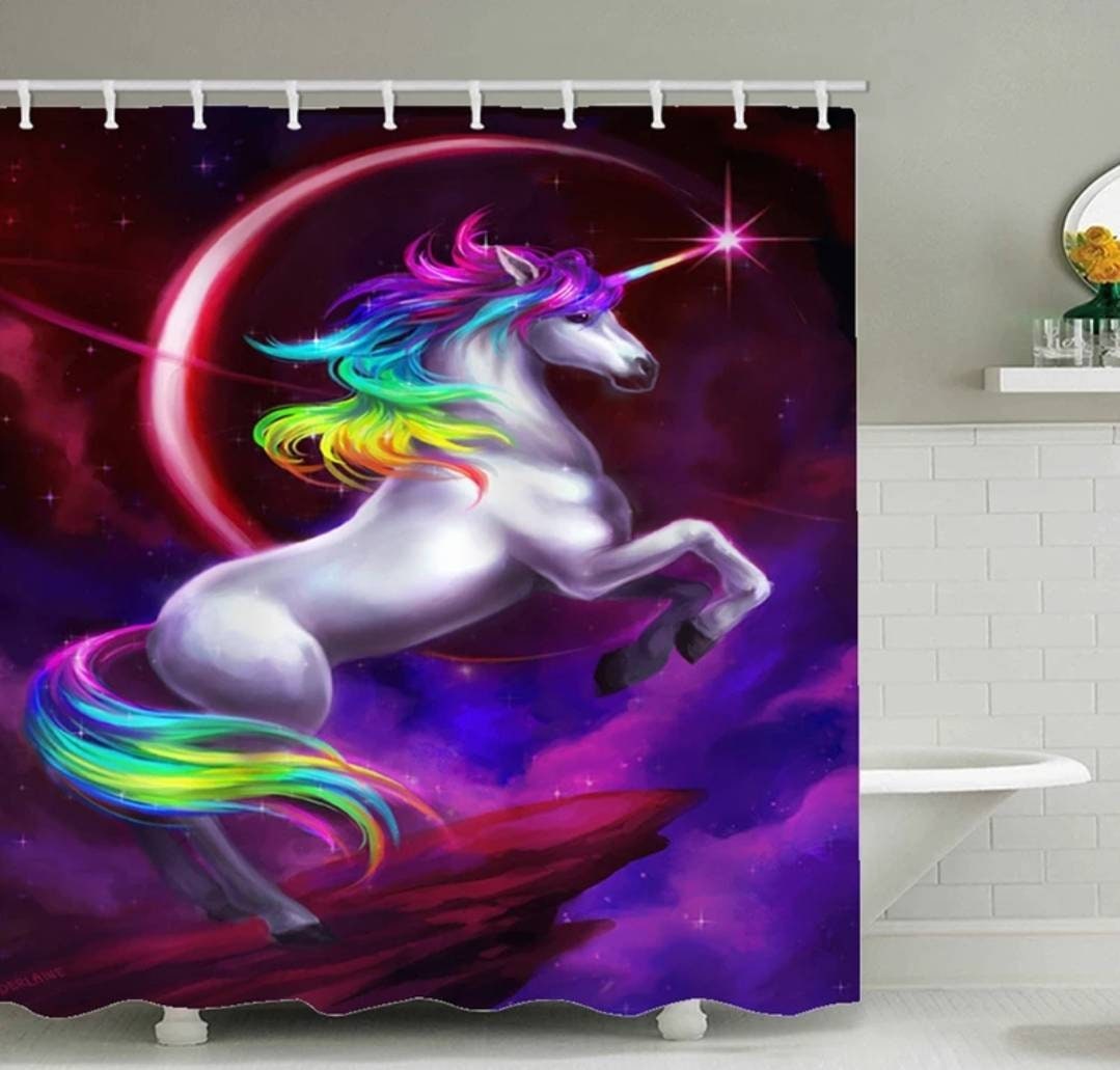 Uplifting Feel Good Fantasy Unicorn Rainbow Shower Curtain And Bath Set