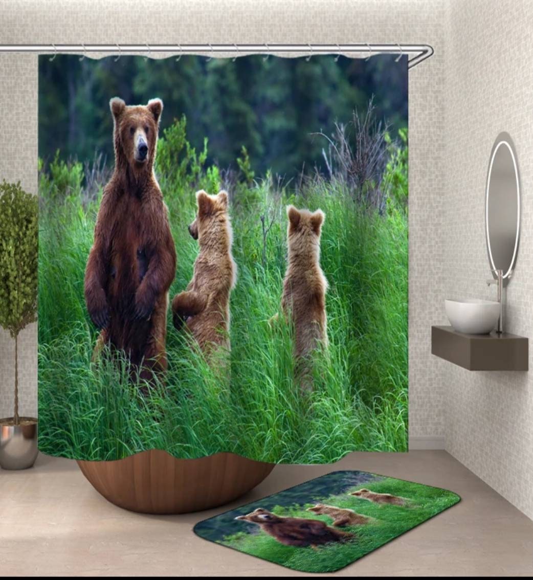 Uplifting Shower Curtain With Bear In The Woods Print, Perfect For Nature Lovers