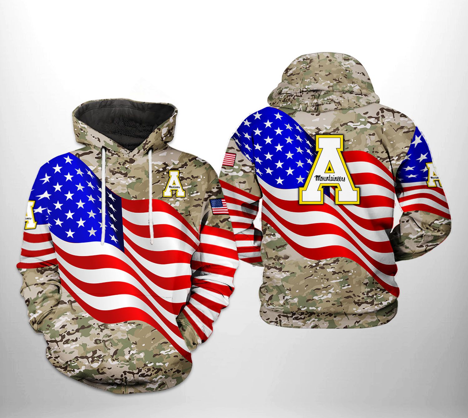 Us Flag Camo Veteran 3D All Over Print Hoodie Zip-Up Or Pullover - Appalachian State Mountaineers Ncaa Edition