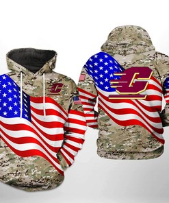 Us Flag Camo Veteran Skull Hoodie - Central Michigan Chippewas 3D All Over Print Zip-Up Option