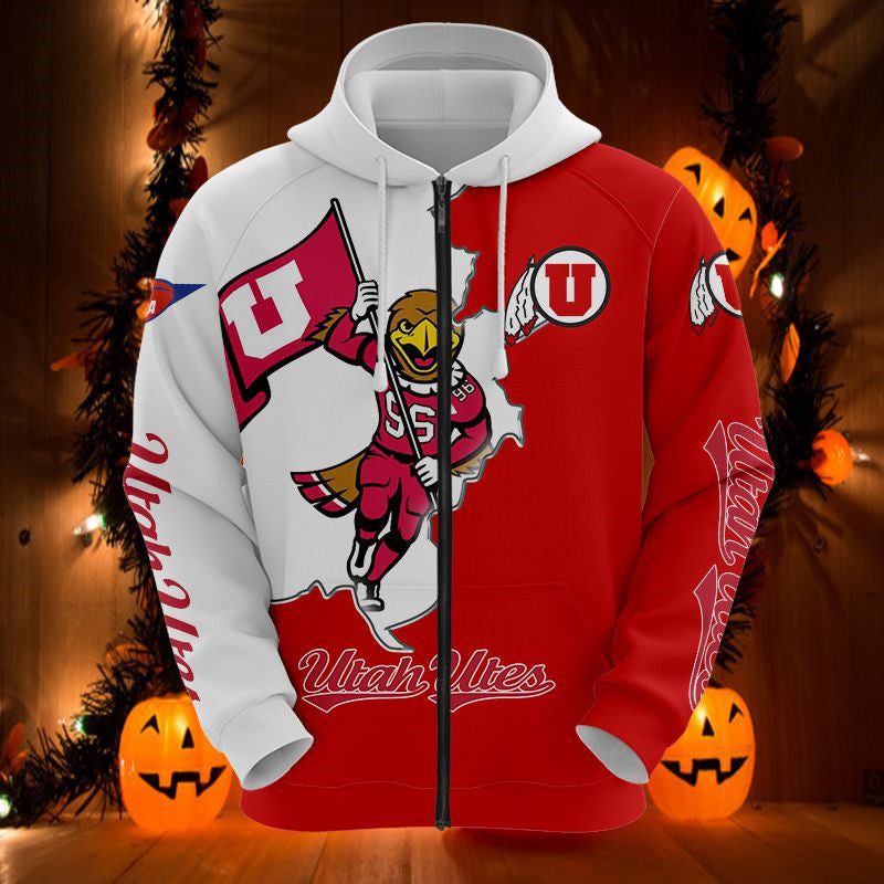 Utah Utes Mascot Long Sleeve 3D Zip Hoodie For Fans