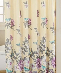 Valentina Blue Birds & Butterflies Shower Curtain | Floral Pale Yellow Restroom Bathroom Bathtub Decor