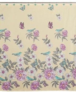Valentina Blue Birds & Butterflies Shower Curtain | Floral Pale Yellow Restroom Bathroom Bathtub Decor