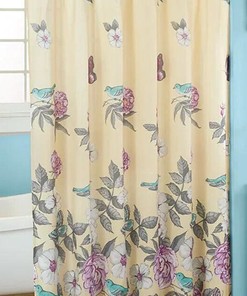 Valentina Blue Birds & Butterflies Shower Curtain | Floral Pale Yellow Restroom Bathroom Bathtub Decor