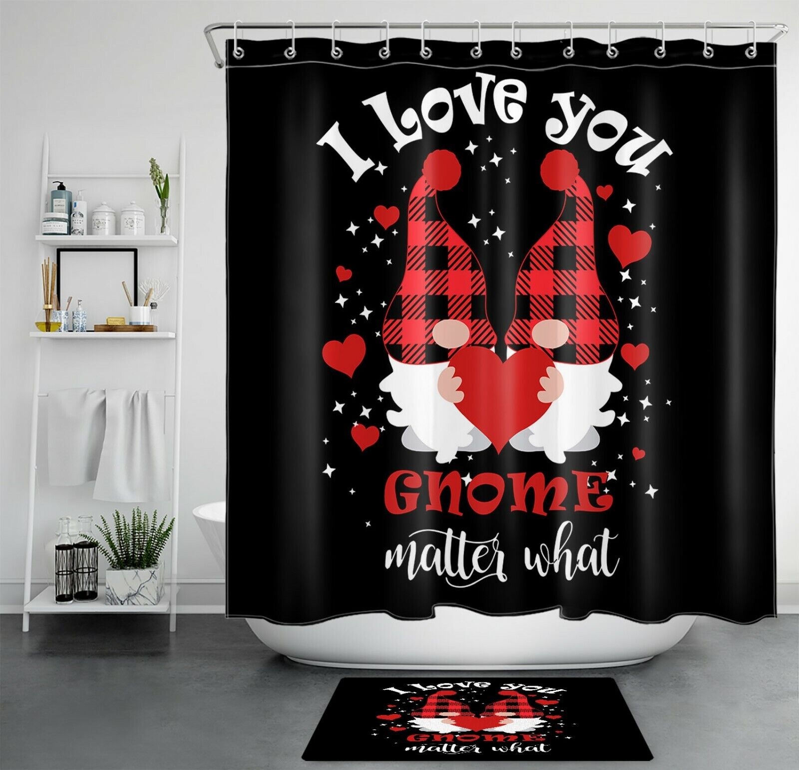 Valentine Gnome Shower Curtain | I Love You Red Heart Bathroom Accessory