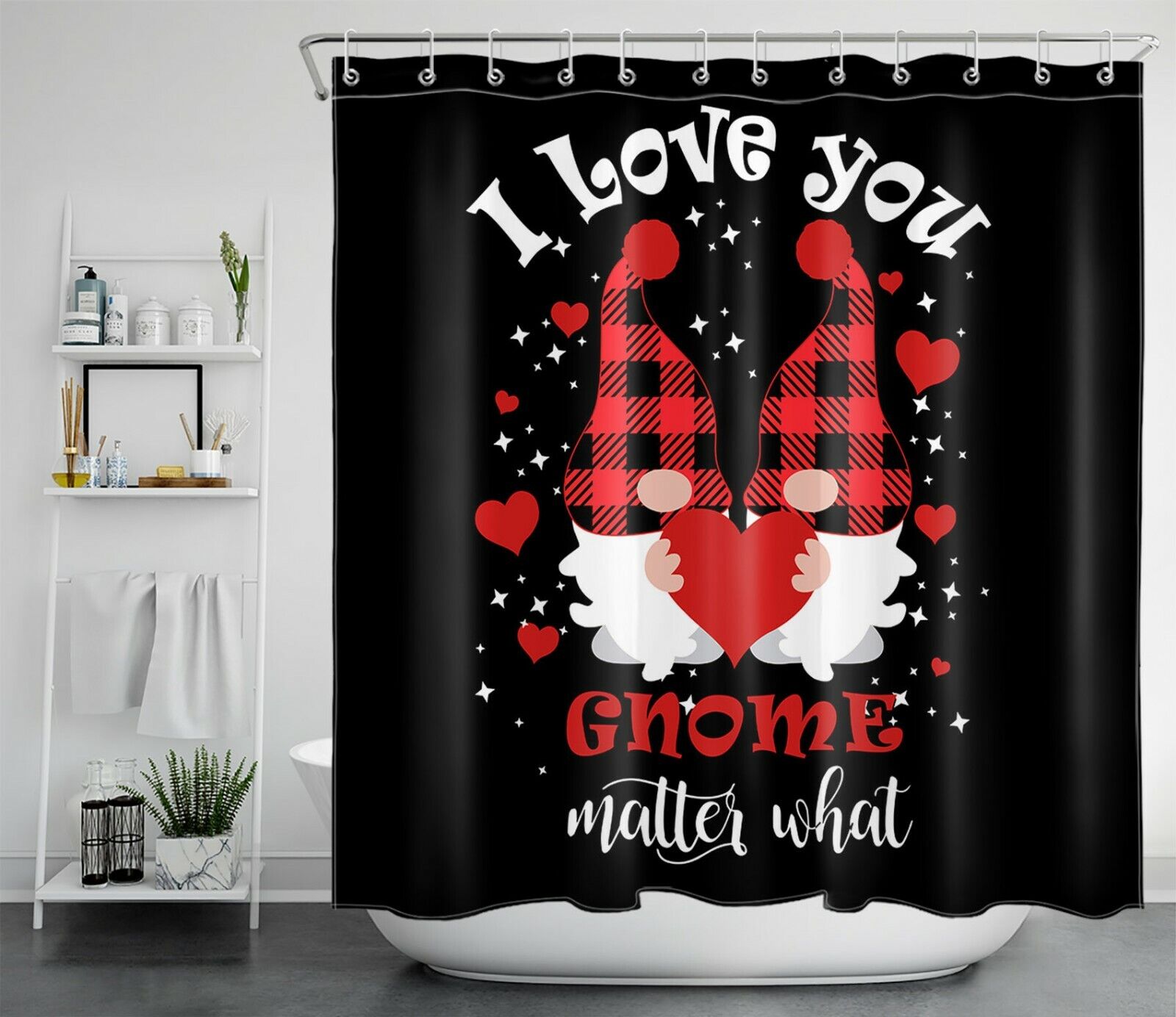 Valentine Gnome Shower Curtain | I Love You Red Heart Bathroom Accessory