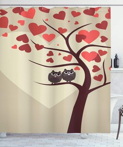 Valentine Owl Shower Curtain, Couples Sitting On Branch Print, Cloth Bathroom Decor