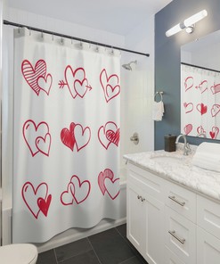 Valentine Themed Shower Curtain | Love Hearts and Roses Fabric Bathroom Decor