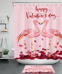 Valentine'S Day Flamingo Couple Shower Curtain With Red Roses