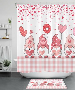 Valentine'S Day Gnome Shower Curtain - Cute Retro Buffalo Plaid Bathroom Decor