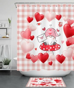 Valentine'S Day Hearts Plaid Funny Gnome Shower Curtain - Cute Bathroom Decor