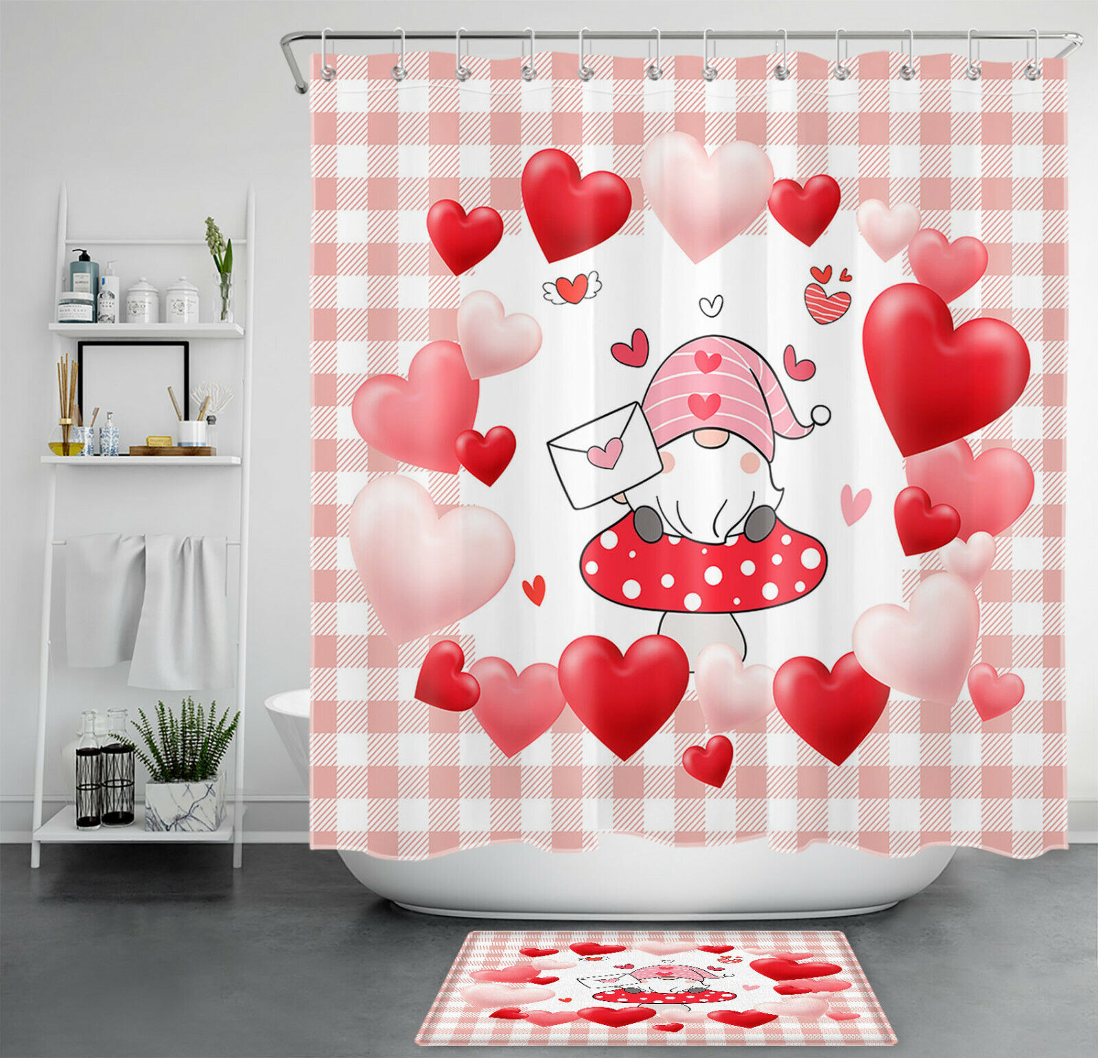 Valentine'S Day Hearts Plaid Funny Gnome Shower Curtain - Cute Bathroom Decor