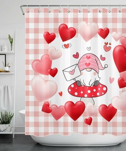 Valentine'S Day Hearts Plaid Funny Gnome Shower Curtain - Cute Bathroom Decor