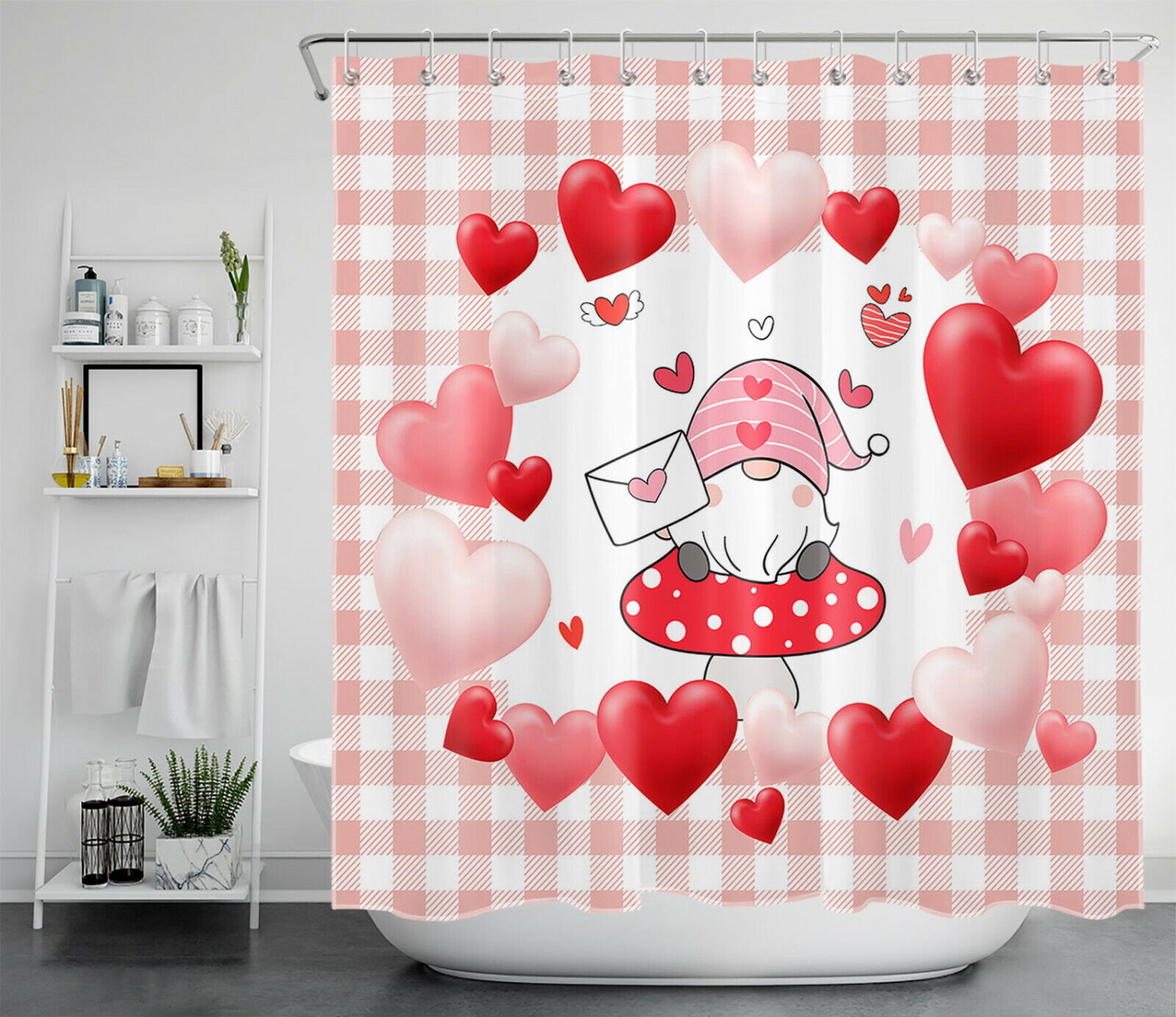 Valentine'S Day Hearts Plaid Funny Gnome Shower Curtain - Cute Bathroom Decor