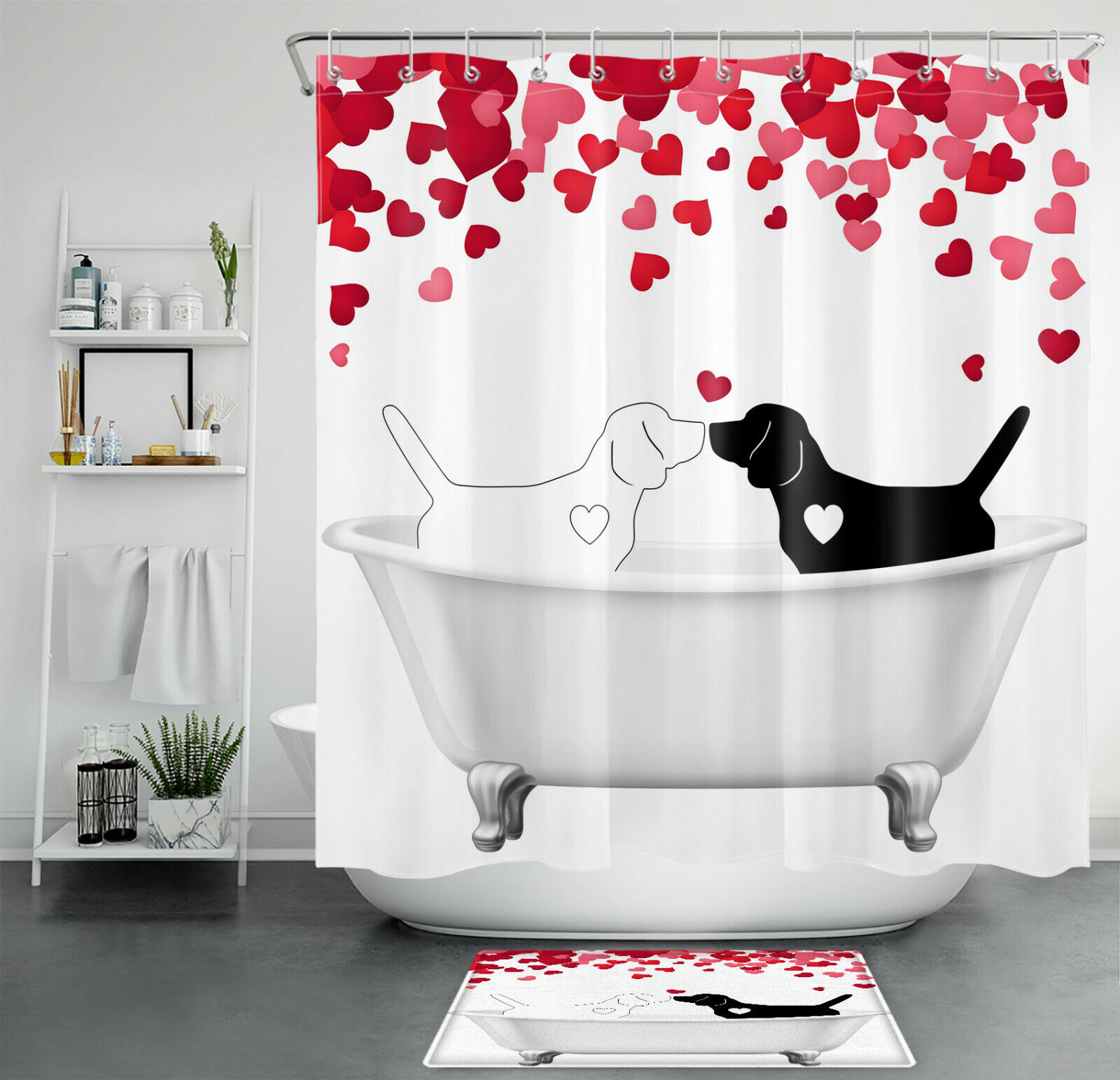 Valentine'S Day Red Hearts Funny Dogs Shower Curtain - Cute Bathroom Decor