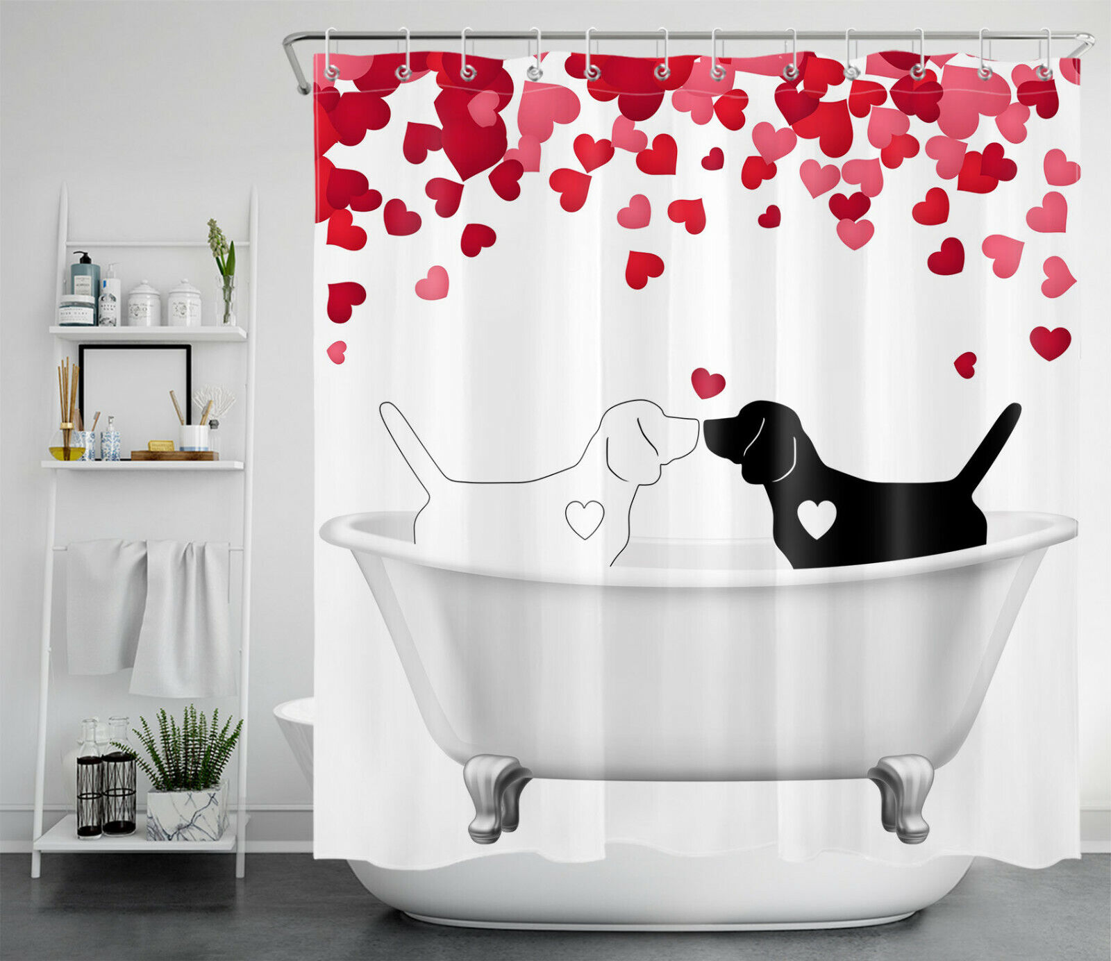 Valentine'S Day Red Hearts Funny Dogs Shower Curtain - Cute Bathroom Decor