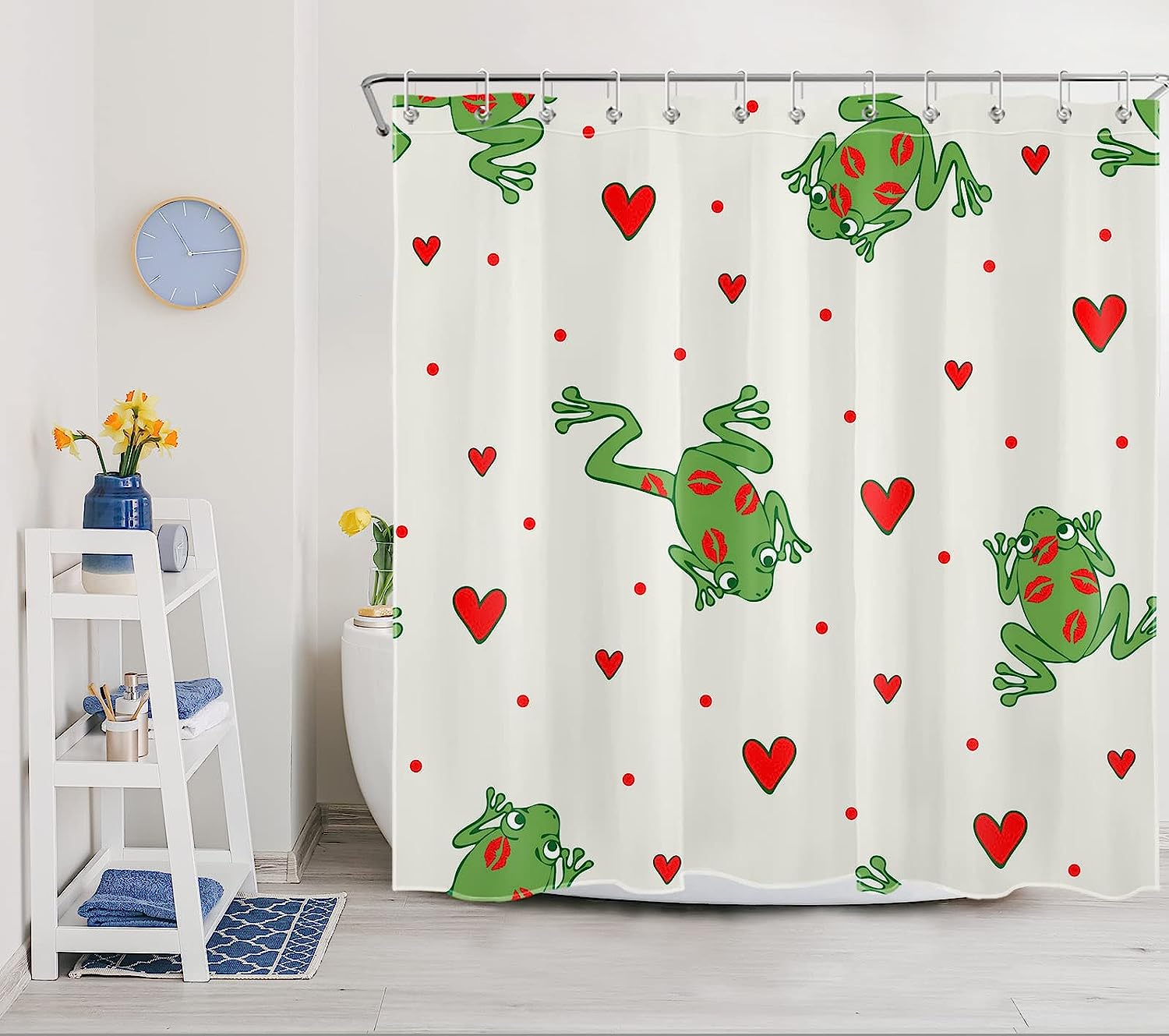 Valentine'S Day Shower Curtain, Falling Love Hearts Cute Frogs Red Lips Bathroom Decor Set - Ecotob