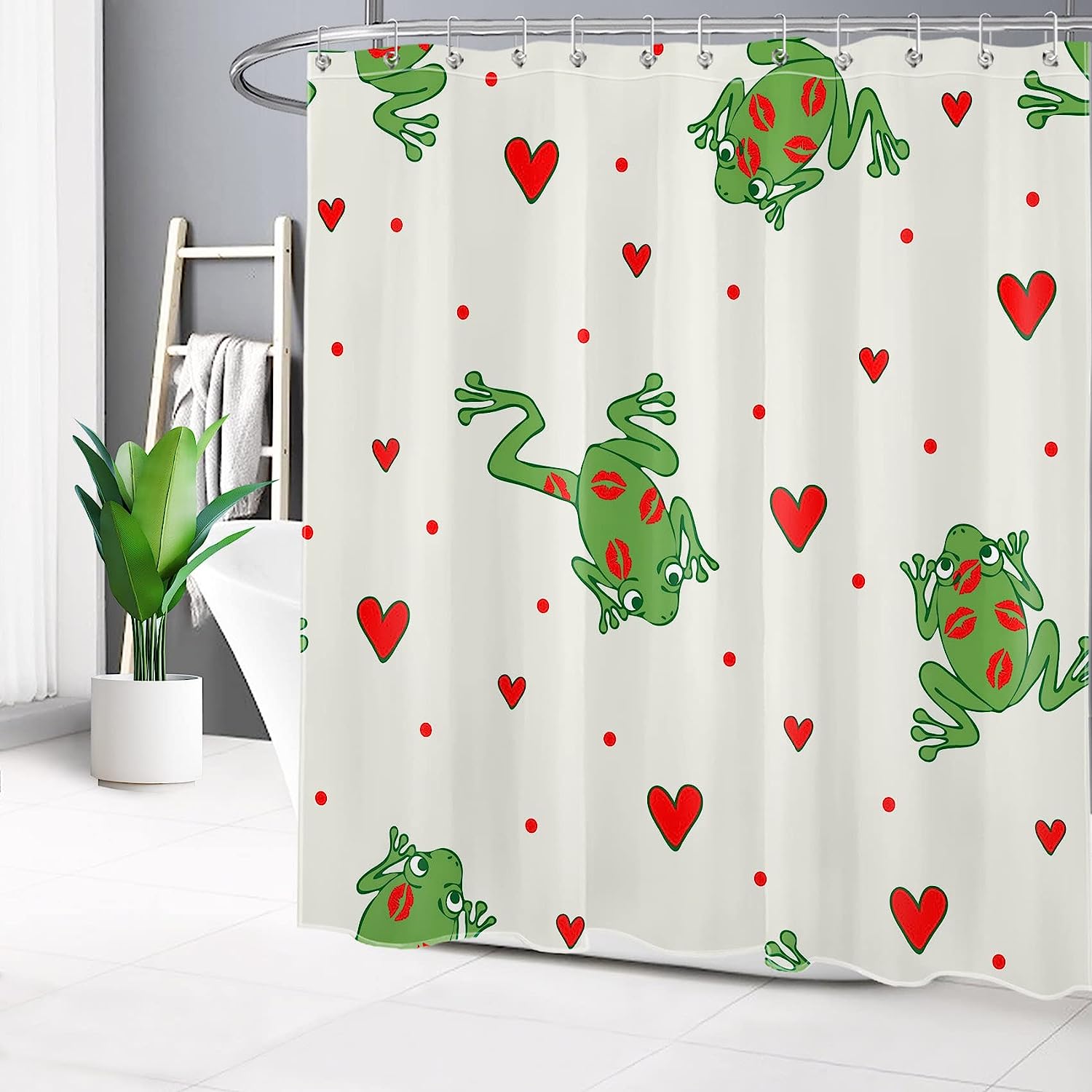 Valentine'S Day Shower Curtain, Falling Love Hearts Cute Frogs Red Lips Bathroom Decor Set - Ecotob