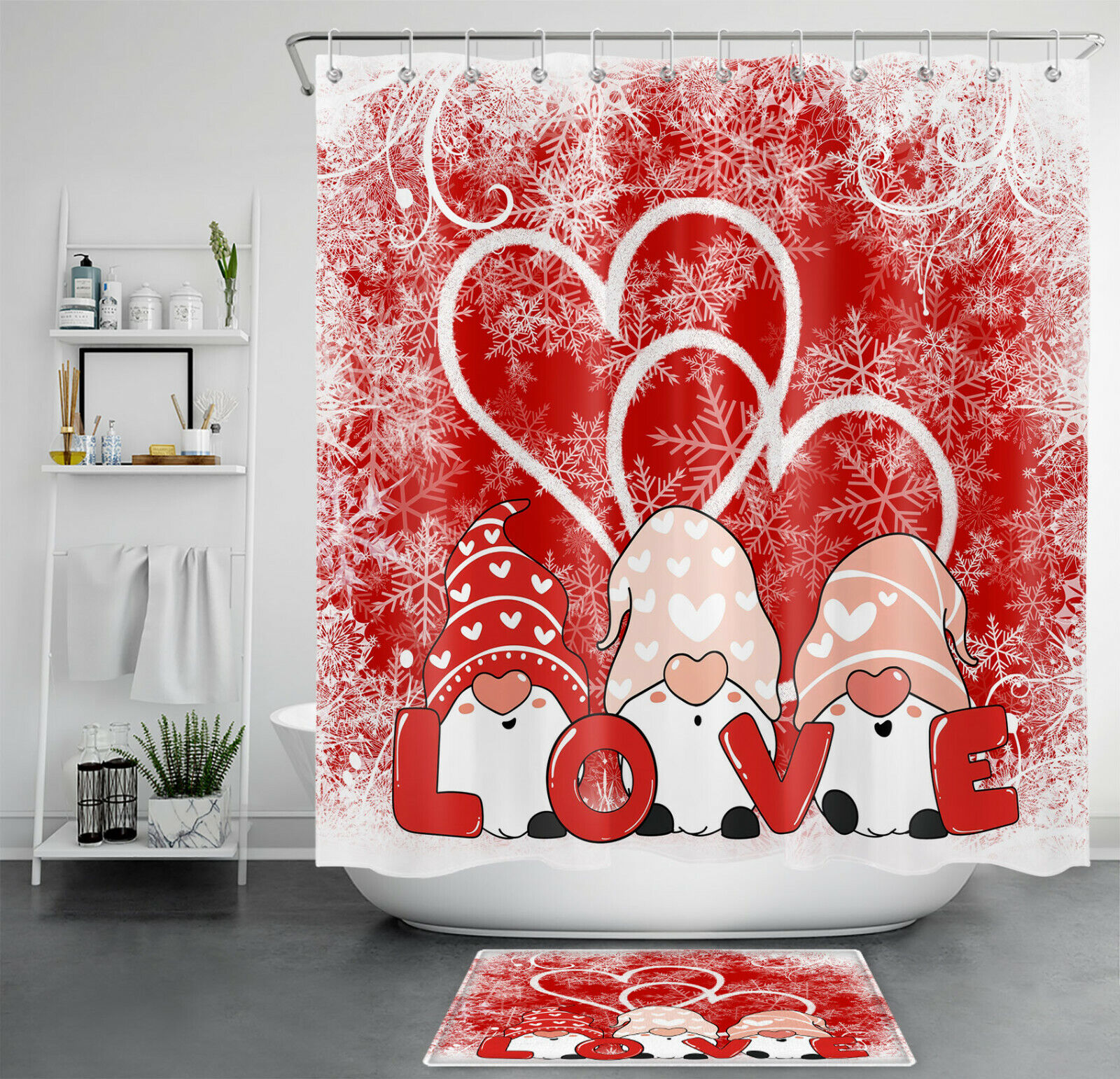 Valentine'S Day Winter Snowflake Gnome Shower Curtain With Cute Bathroom Accessories