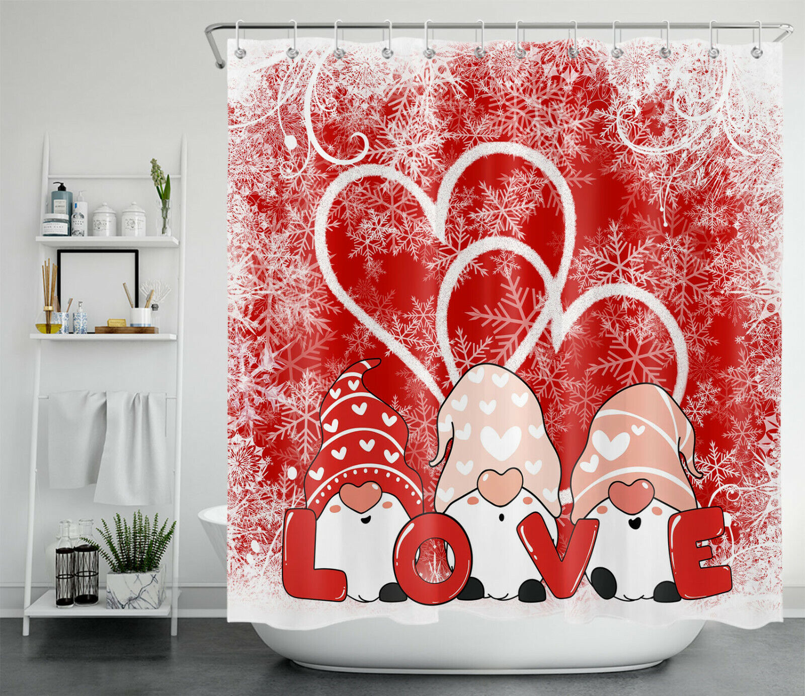 Valentine'S Day Winter Snowflake Gnome Shower Curtain With Cute Bathroom Accessories