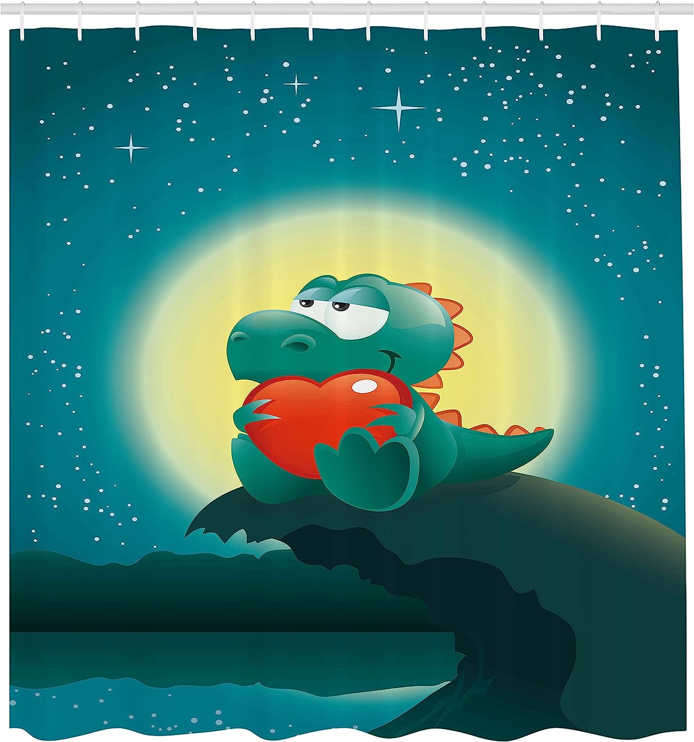 Valentine'S Night In Jurassic Times Shower Curtain - Cloth Fabric Bathroom Decor In Orange Teal - Image 2