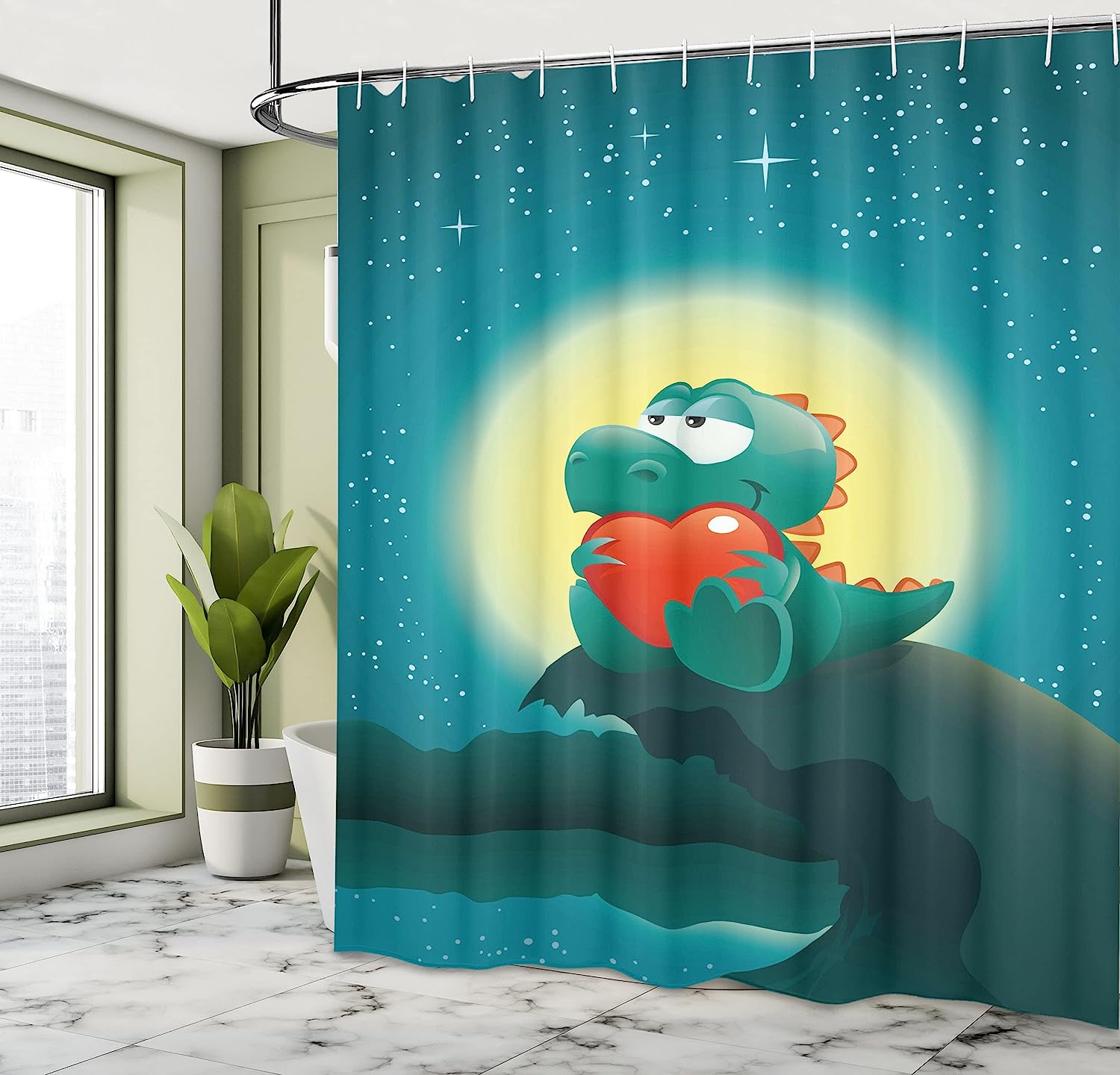 Valentine'S Night In Jurassic Times Shower Curtain - Cloth Fabric Bathroom Decor In Orange Teal - Image 4