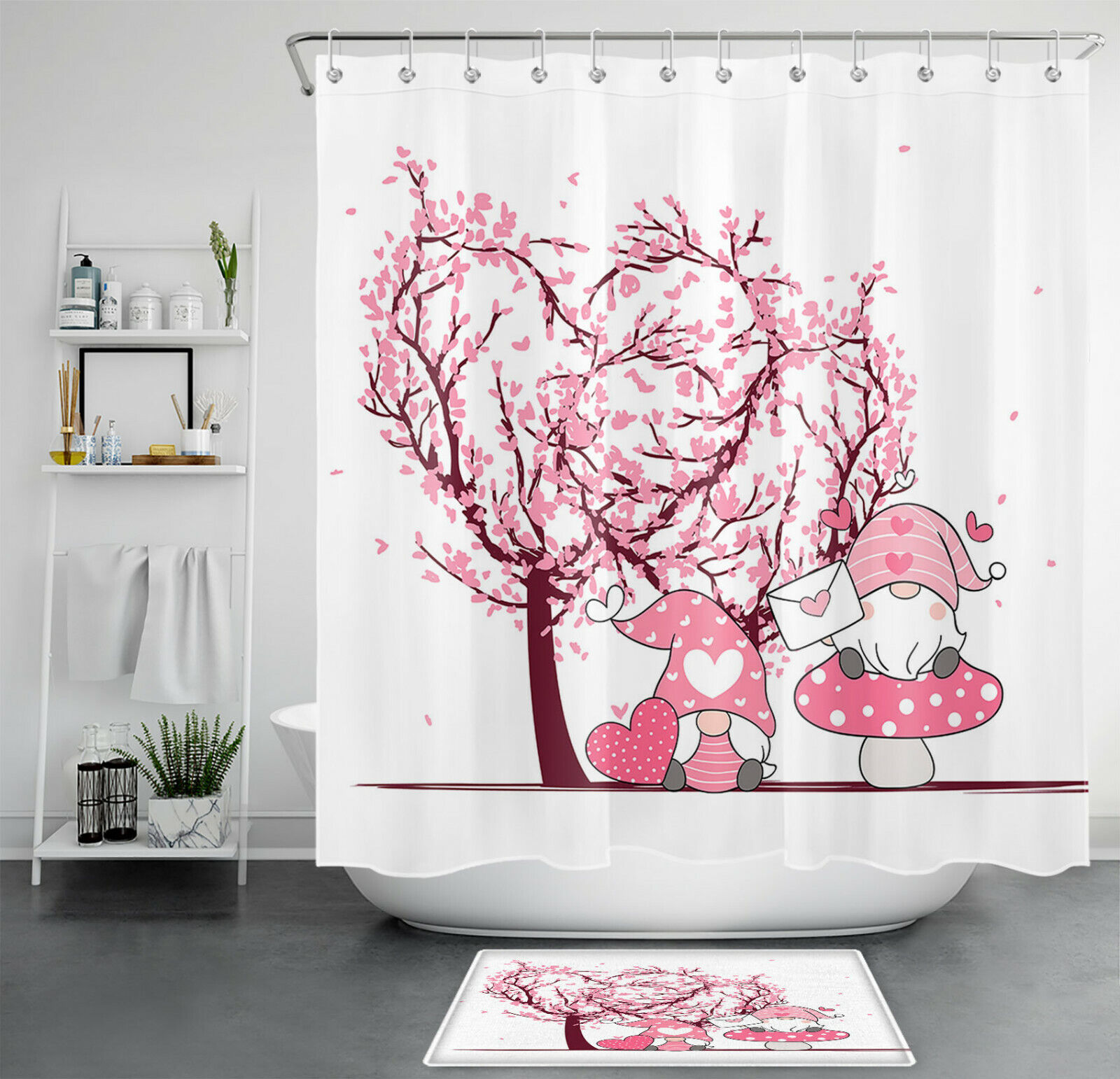 Valentine's Day Gnome Love Heart Tree Vintage Shower Curtain for Bathroom