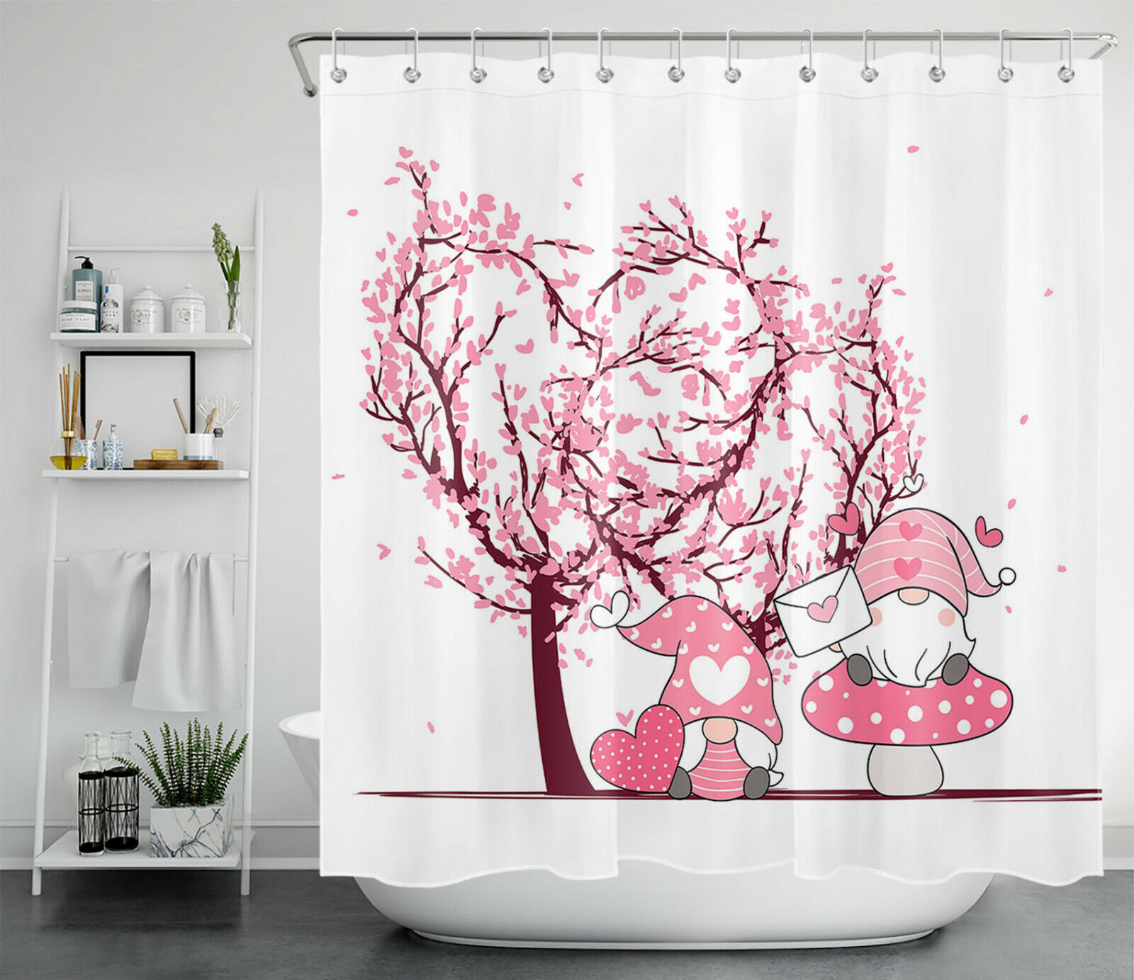 Valentine's Day Gnome Love Heart Tree Vintage Shower Curtain for Bathroom