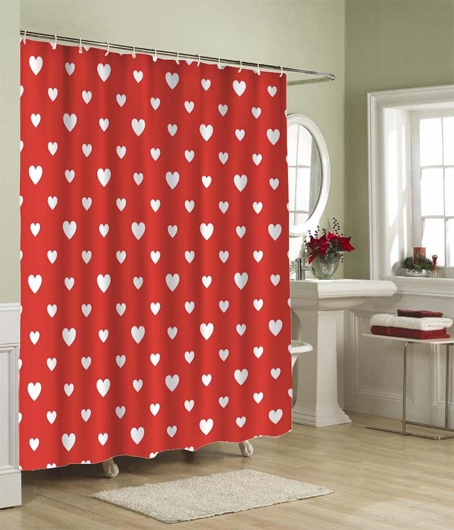 Valentine's Day Heart Shower Curtain with Seamless Polka Dot Red Pattern and Hearts for Bathroom Showers - oFloral