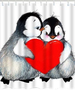 Valentine's Day Love Cute Animal Penguins Holding Red Heart Restroom Shower Curtain