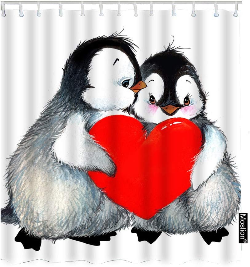 Valentine's Day Love Cute Animal Penguins Holding Red Heart Restroom Shower Curtain