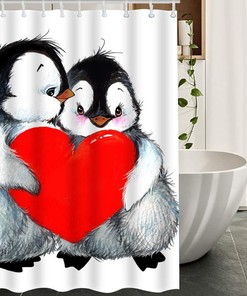 Valentine's Day Love Cute Animal Penguins Holding Red Heart Restroom Shower Curtain