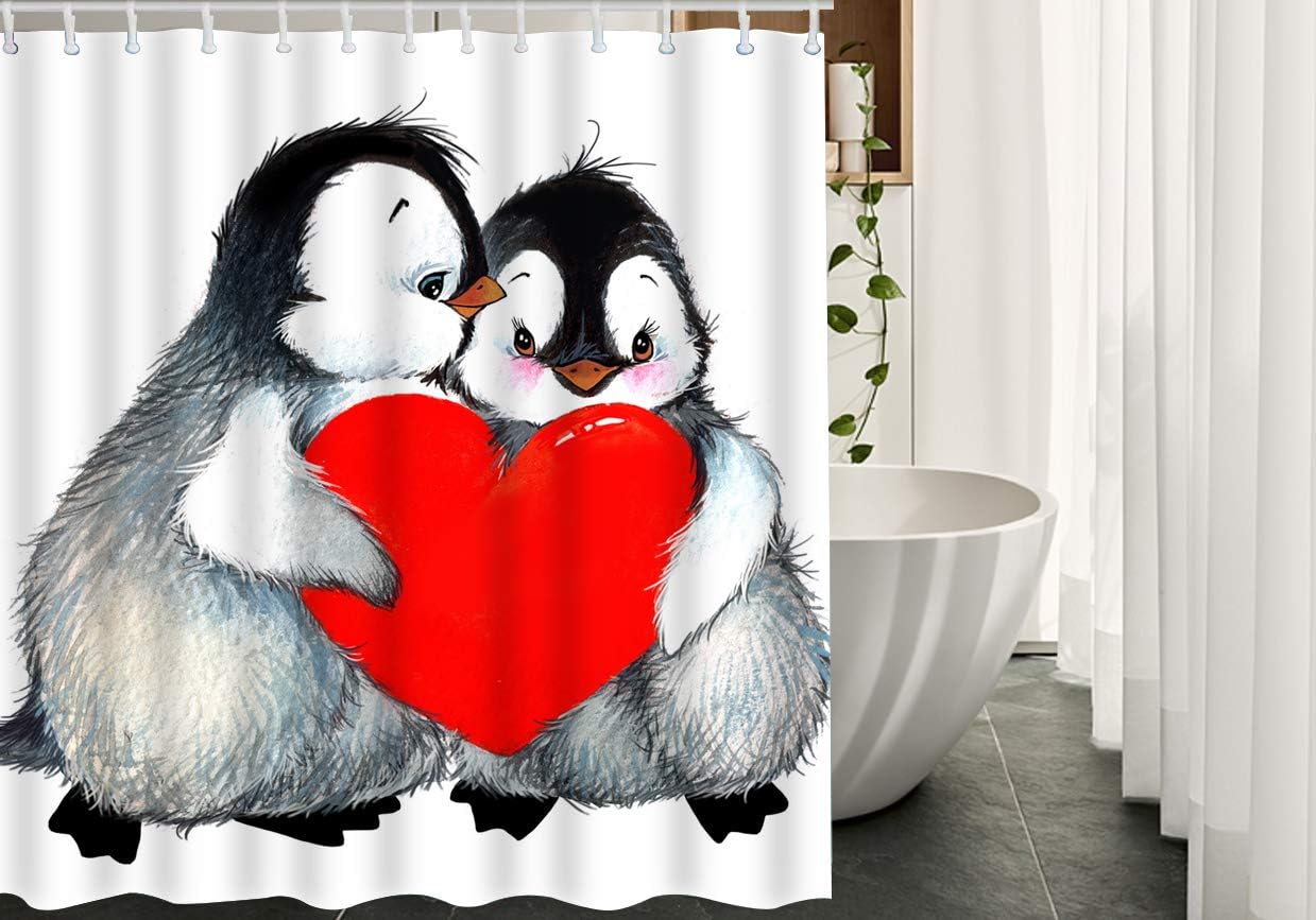 Valentine's Day Love Cute Animal Penguins Holding Red Heart Restroom Shower Curtain
