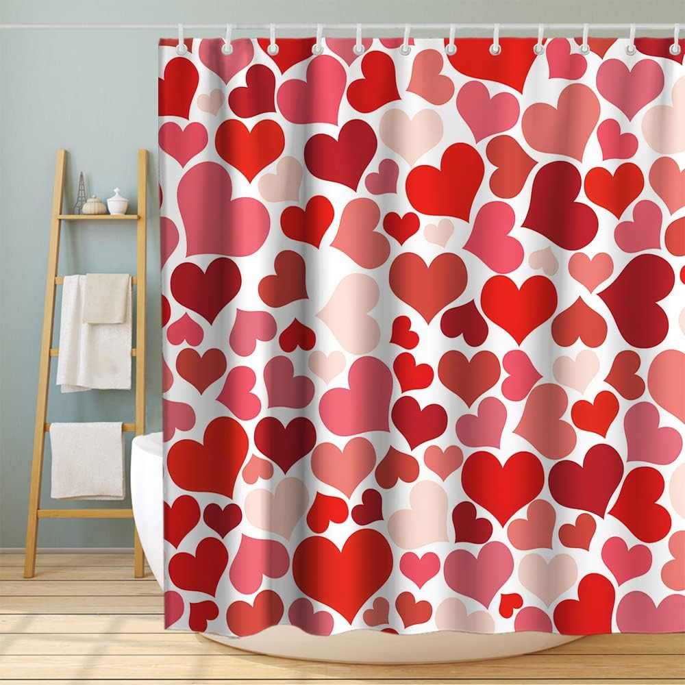 Valentine's Day Love Heart Luxury Shower Curtain Set Waterproof Washable Red