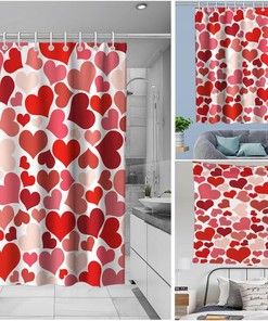 Valentine's Day Love Heart Luxury Shower Curtain Set Waterproof Washable Red