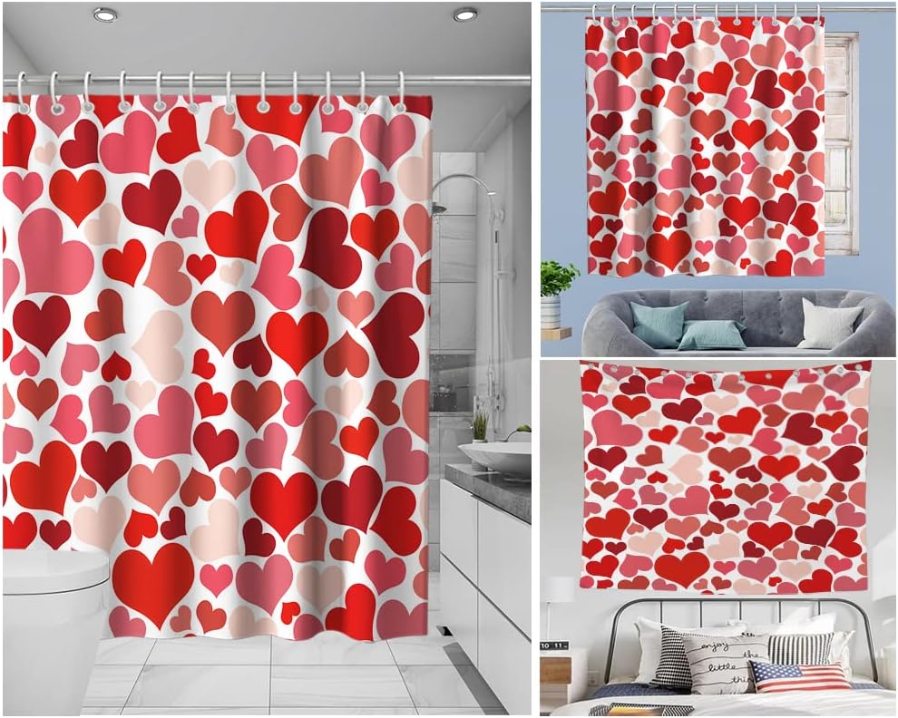 Valentine's Day Love Heart Luxury Shower Curtain Set Waterproof Washable Red