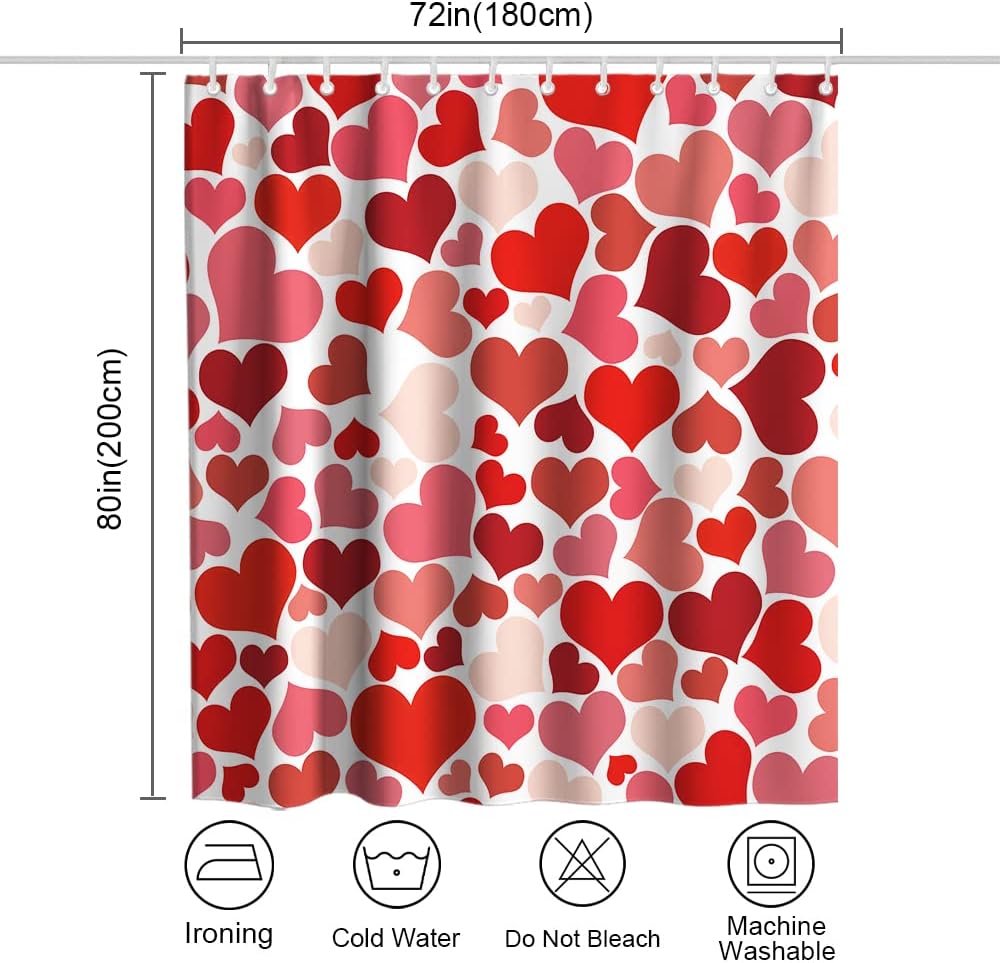 Valentine's Day Love Heart Luxury Shower Curtain Set Waterproof Washable Red