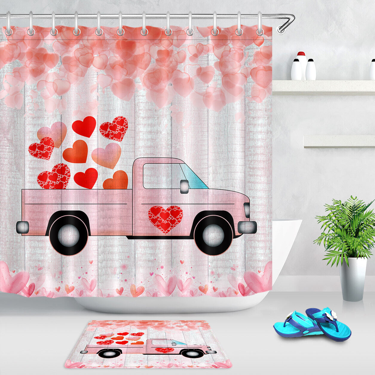 Valentine's Day Pickup Truck with Hearts Shower Curtain for Bathroom Decor