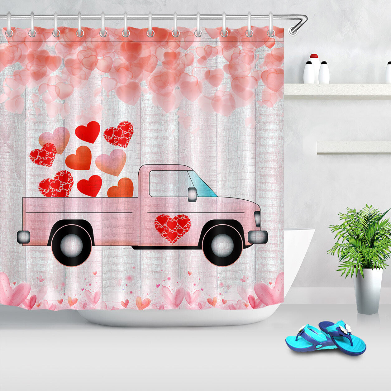 Valentine's Day Pickup Truck with Hearts Shower Curtain for Bathroom Decor