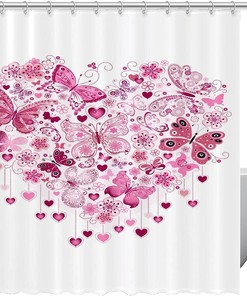 Valentine's Day Pink Heart Butterflies Print Fabric Shower Curtain for Feminine Bathroom Decor