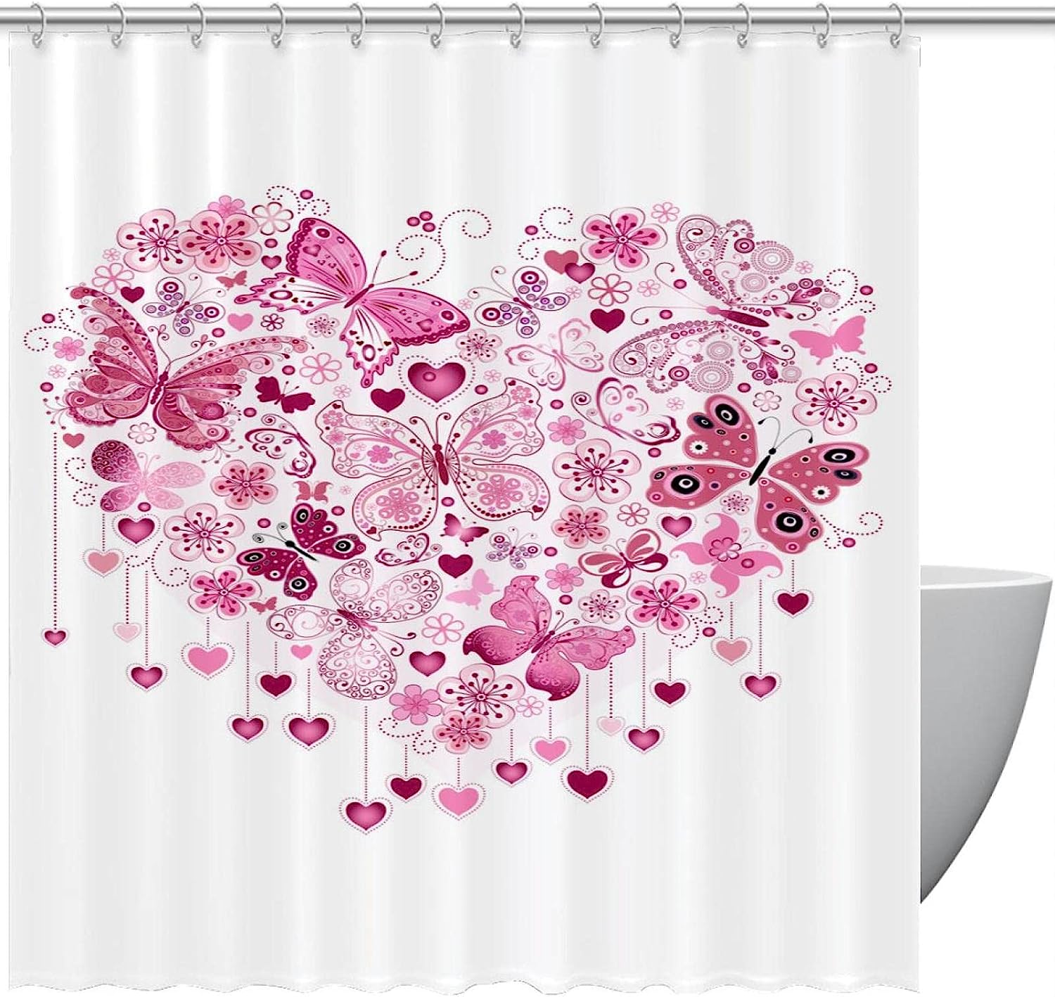 Valentine's Day Pink Heart Butterflies Print Fabric Shower Curtain for Feminine Bathroom Decor