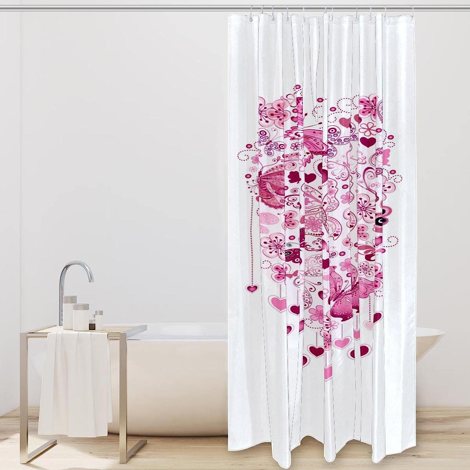 Valentine's Day Pink Heart Butterflies Print Fabric Shower Curtain for Feminine Bathroom Decor