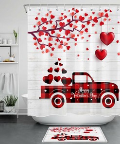 Valentine's Day Red Love Heart Tree Truck Shower Curtain for an Amorous Bathroom